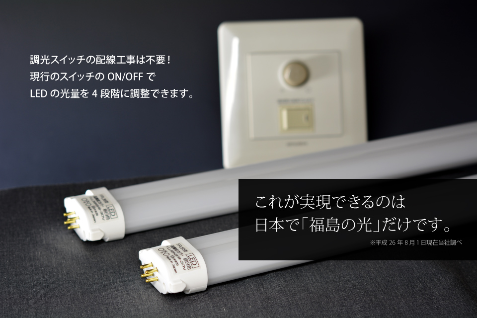 調光スイッチの配線工事は不要！現行のスイッチのON/OFFでLEDの光量を4段階に調整できます。これが実現できるのは日本で「福島の光」だけです。（※平成26年8月1日現在当社調べ）